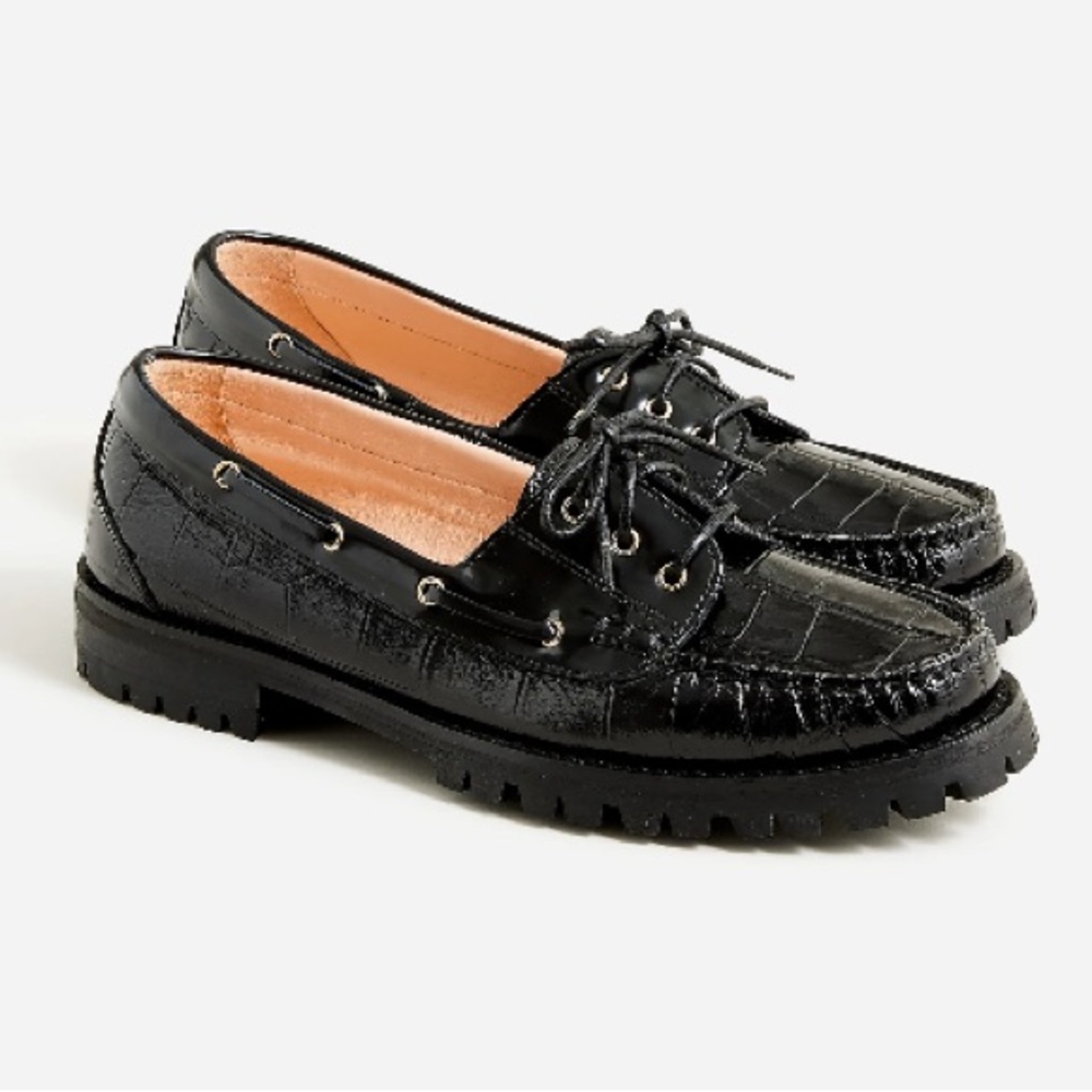 J.Crew 2023 Winona lug-sole boat shoes in croc-embossed leather
